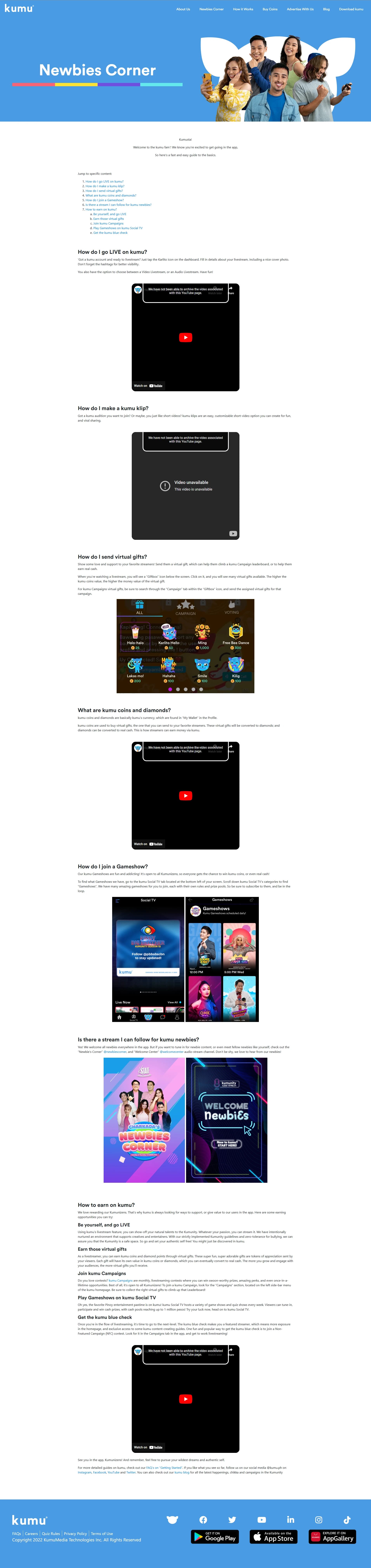 Kumu Newbies Corner desktop page from the original website