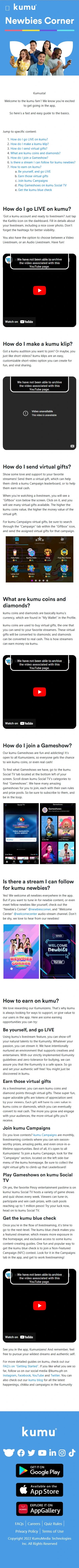 Kumu Newbies Corner mobile page from the original website